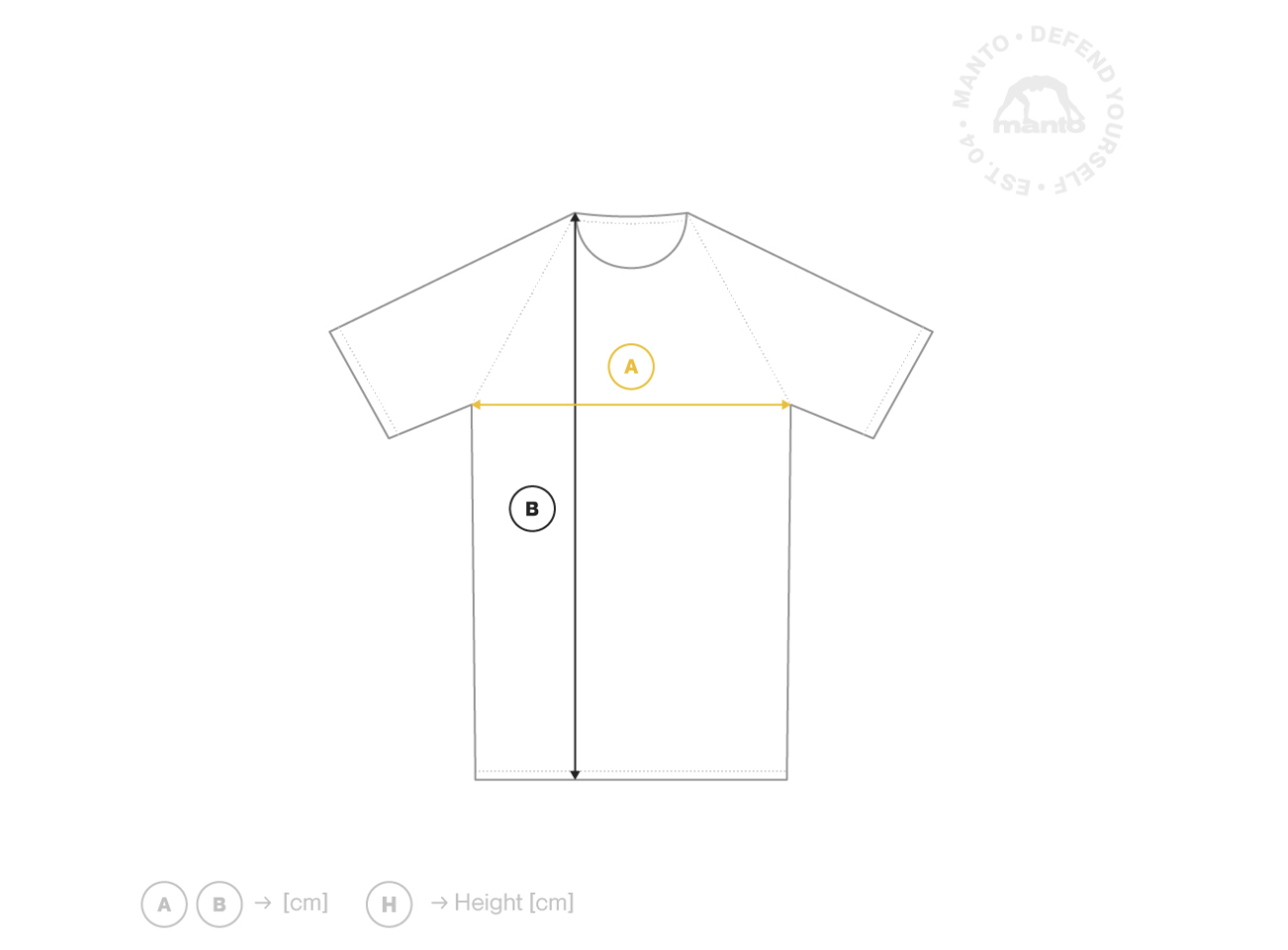 Schéma des mesures du rashguard : A = largeur poitrine, B = longueur